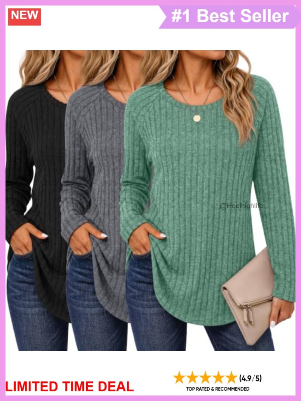 3 Pack Women's Long Sleeve Tunics Crew Neck Curved Hem Pullover Sweaters